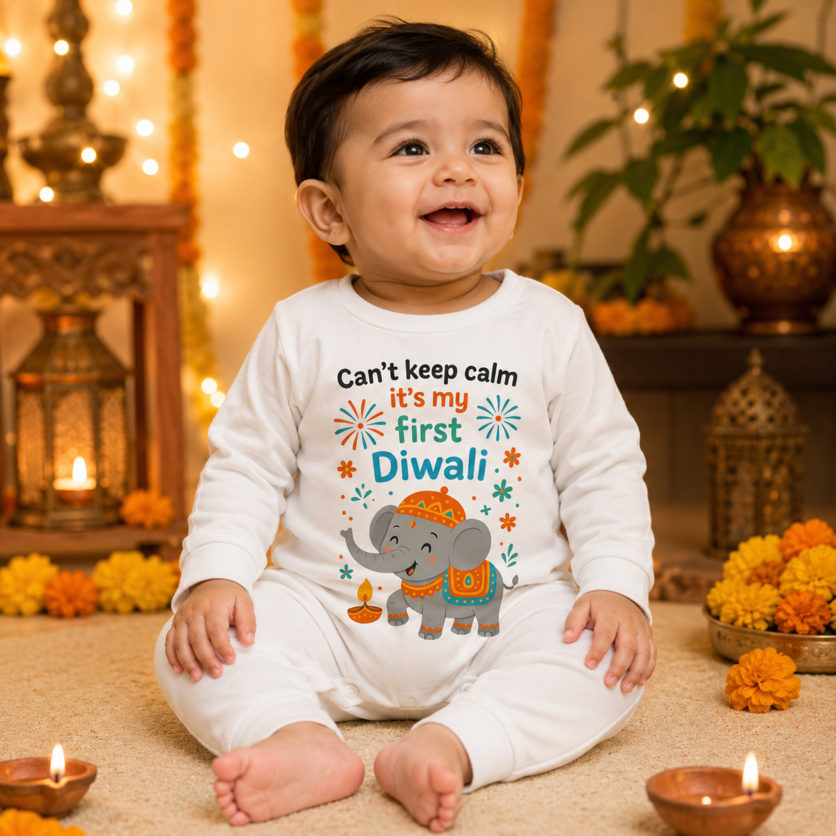 Can't Keep Calm It's My First Diwali  _ Full White Romper