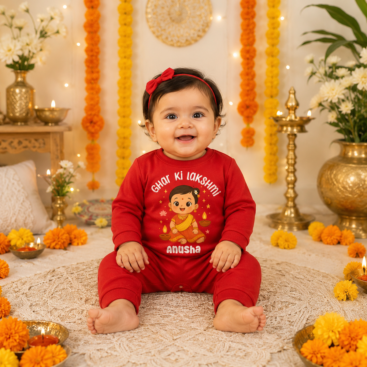 Ghar Ki Lakshmi With Customized Baby Girl Name 2 _ Full Red Romper