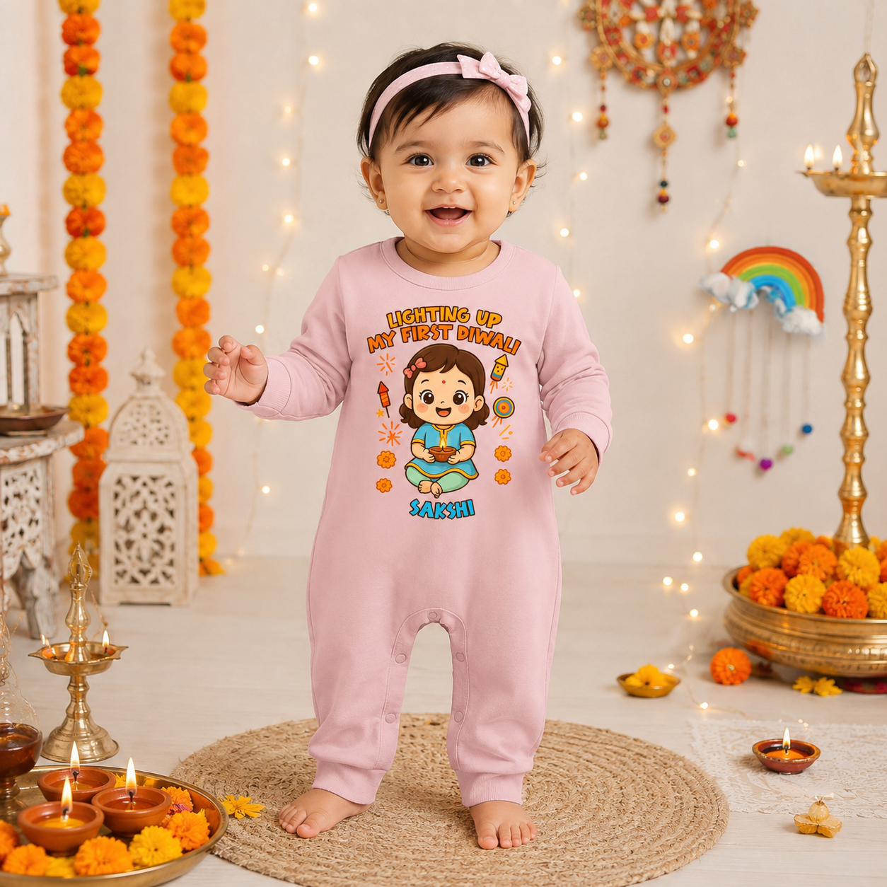 Lighting Up My First Diwali  With Customized Baby Girl Name _ Full Pink Romper