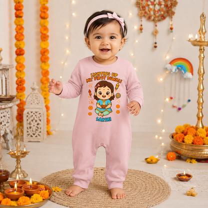 Lighting Up My First Diwali  With Customized Baby Girl Name _ Full Pink Romper
