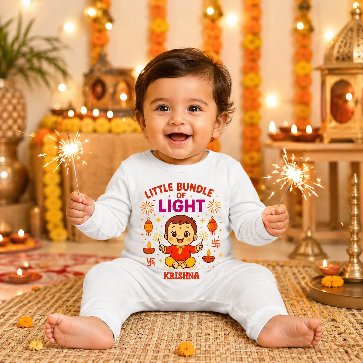 Little Bundle Of Light With Customized Baby Boy Name _ Full White Romper