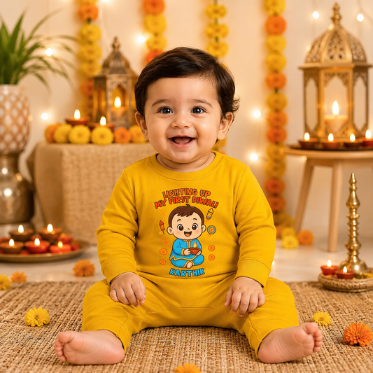 Lighting Up My First Diwali  With Customized Baby Name _ Full Yellow Romper
