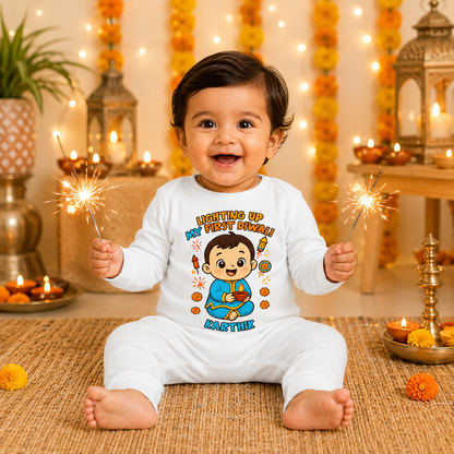 Lighting Up My First Diwali  With Customized Baby Boy Name _ Full White Romper