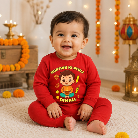 Karthik Ki Pehli Diwali With Customized Baby Boy Name _ Full Red Romper