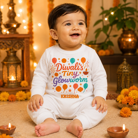 Diwali's Tiny Glowworm With Customized Baby Name _ Full White Romper