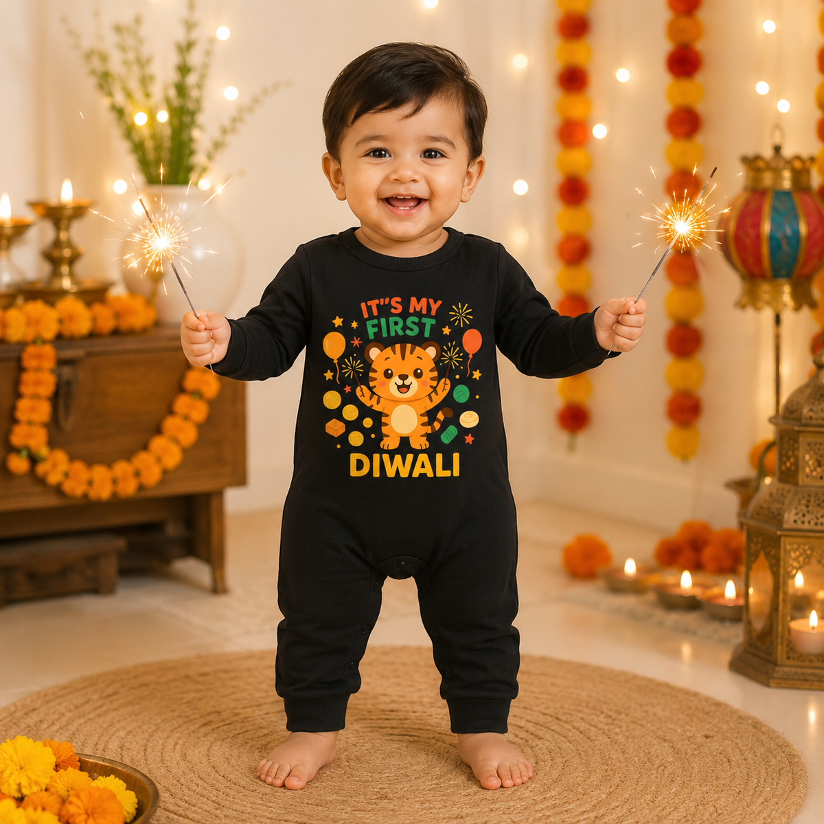 It's My First Diwali With Little Tiger _  Full Black Romper
