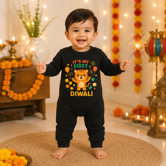 It's My First Diwali With Little Tiger _  Full Black Romper