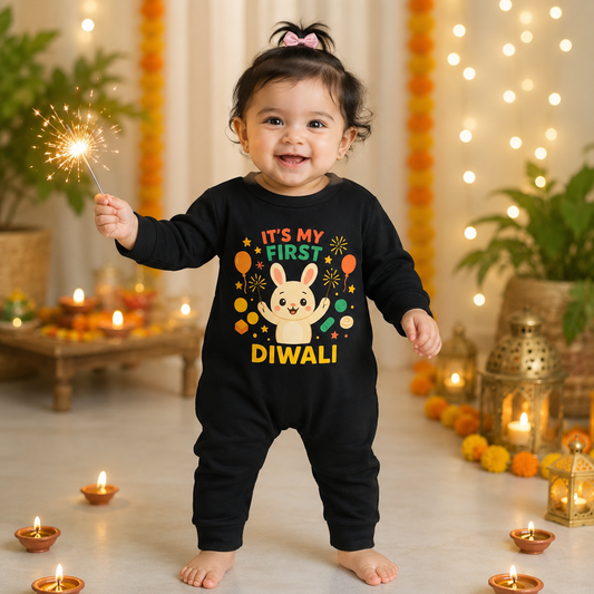 It's My First Diwali With Little Bunny _  Full Black Romper