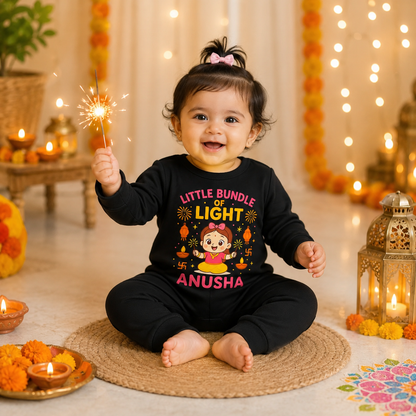 Little Bundle Of Light With Customized Baby Girl Name  _ Full Black Romper