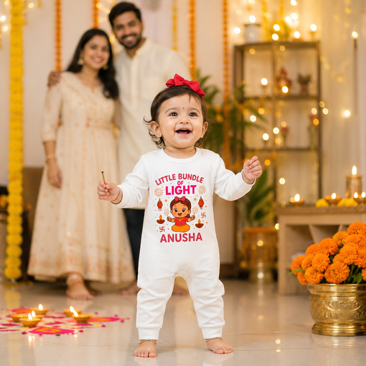 Little Bundle Of Light With Customized Baby Girl Name _ Full White Romper