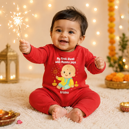 My First Diwali With Mumma Papa Customized Baby Name  _  Full Red Romper