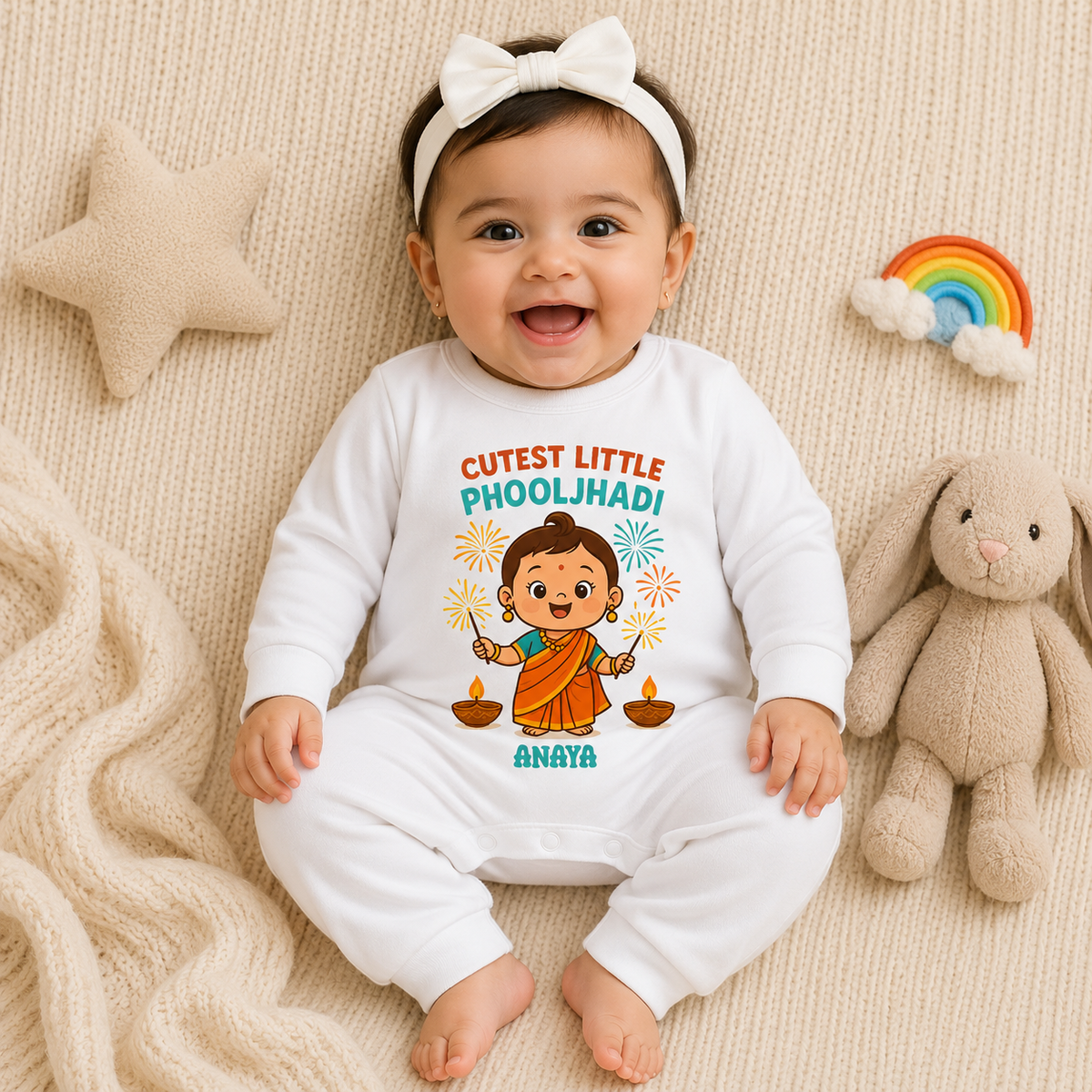 Cutest Little Phooljhadi Customized Baby Girl Name _ Full White Romper
