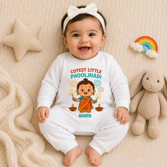 Cutest Little Phooljhadi Customized Baby Girl Name _ Full White Romper