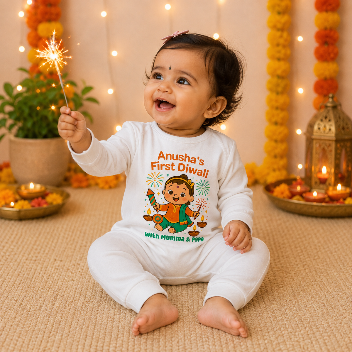 My First Diwali With Mumma & Papa With Customized Baby Girl Name _ Full White Romper