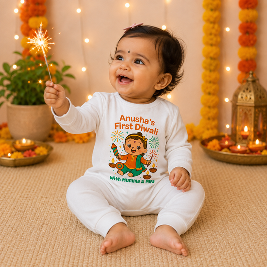 My First Diwali With Mumma & Papa With Customized Baby Girl Name _ Full White Romper