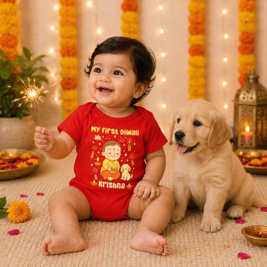 My First Diwali With Customized Baby Name _ Full White Onesie