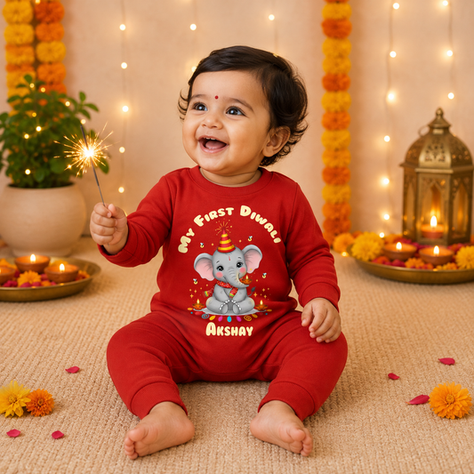 My First Diwali With Customized Baby Name _ Full Red Romper