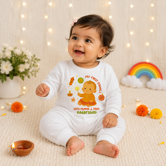 My First Diwali With Mumma & Papa Customized Baby Name _ Full White Romper