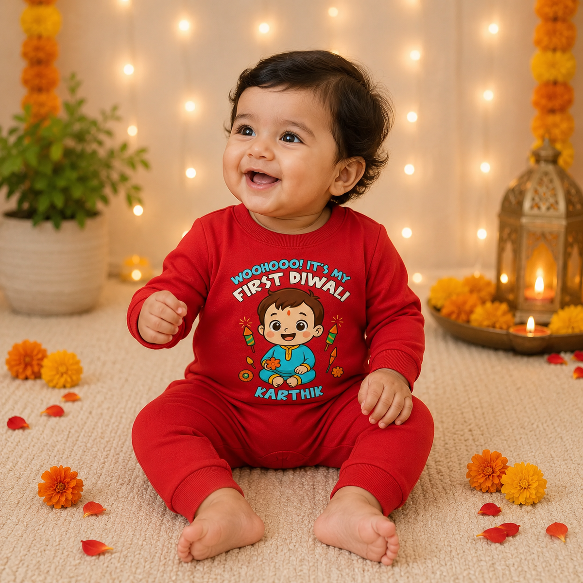 Woohooo! It's My First Diwali With Customized Baby Boy Name _ Full Red Romper