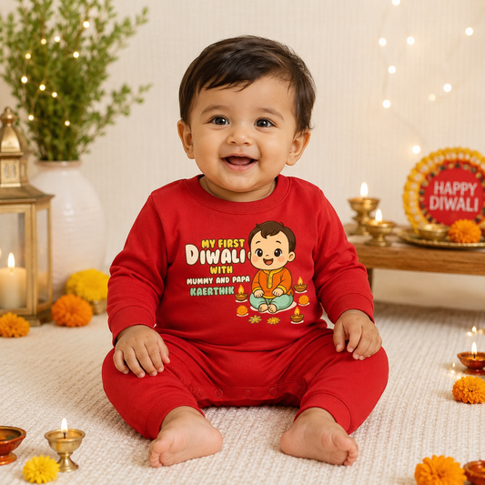 My First Diwali With Mummy And Papa With Customized Baby Name _ Full Red Romper