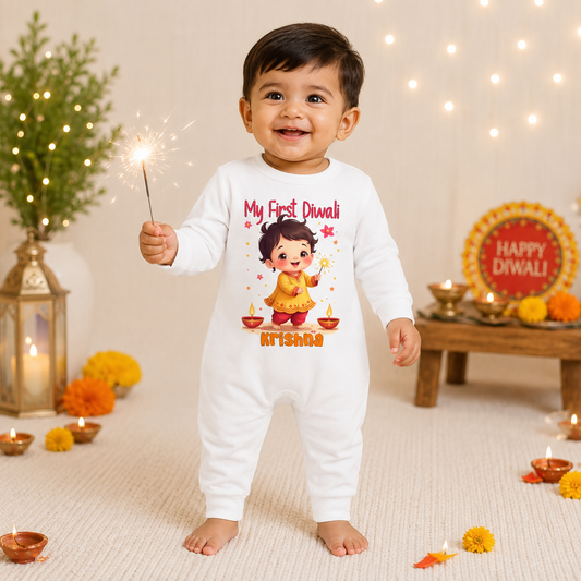 My First Diwali With Customized Baby Name 6 _ Full White Romper