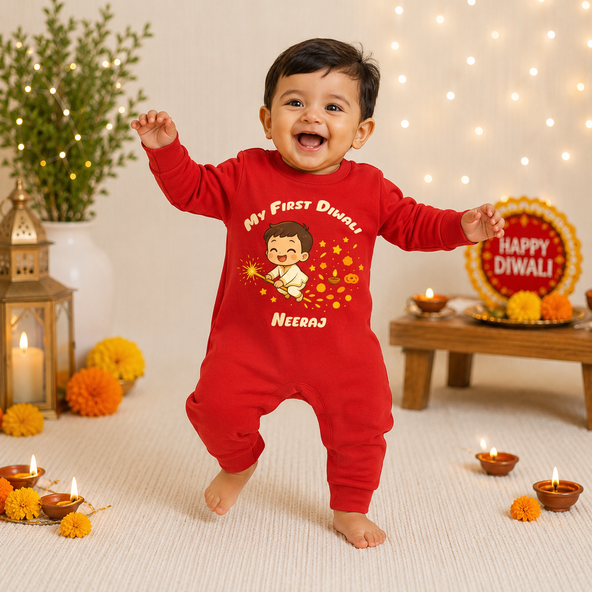 My First Diwali With Customized Baby Boy Name 4  _  Full Red Romper