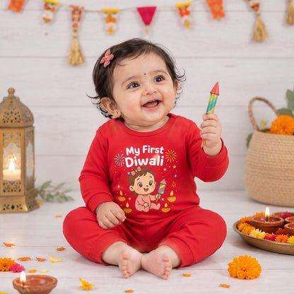 My First Diwali Baby Girl  3 _ Full Red Romper