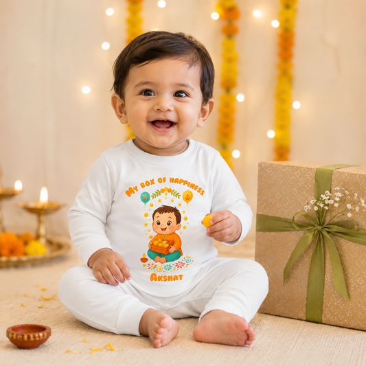 My Box Of Happiness With Customized Baby Boy Name _ Full White Romper