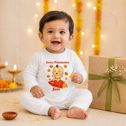 Little Firecracker With Customized Baby Name _ Full White Romper