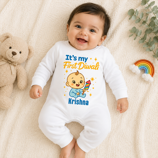 It's My First Diwali 2025 With Customized Baby Name  _  Full White Romper
