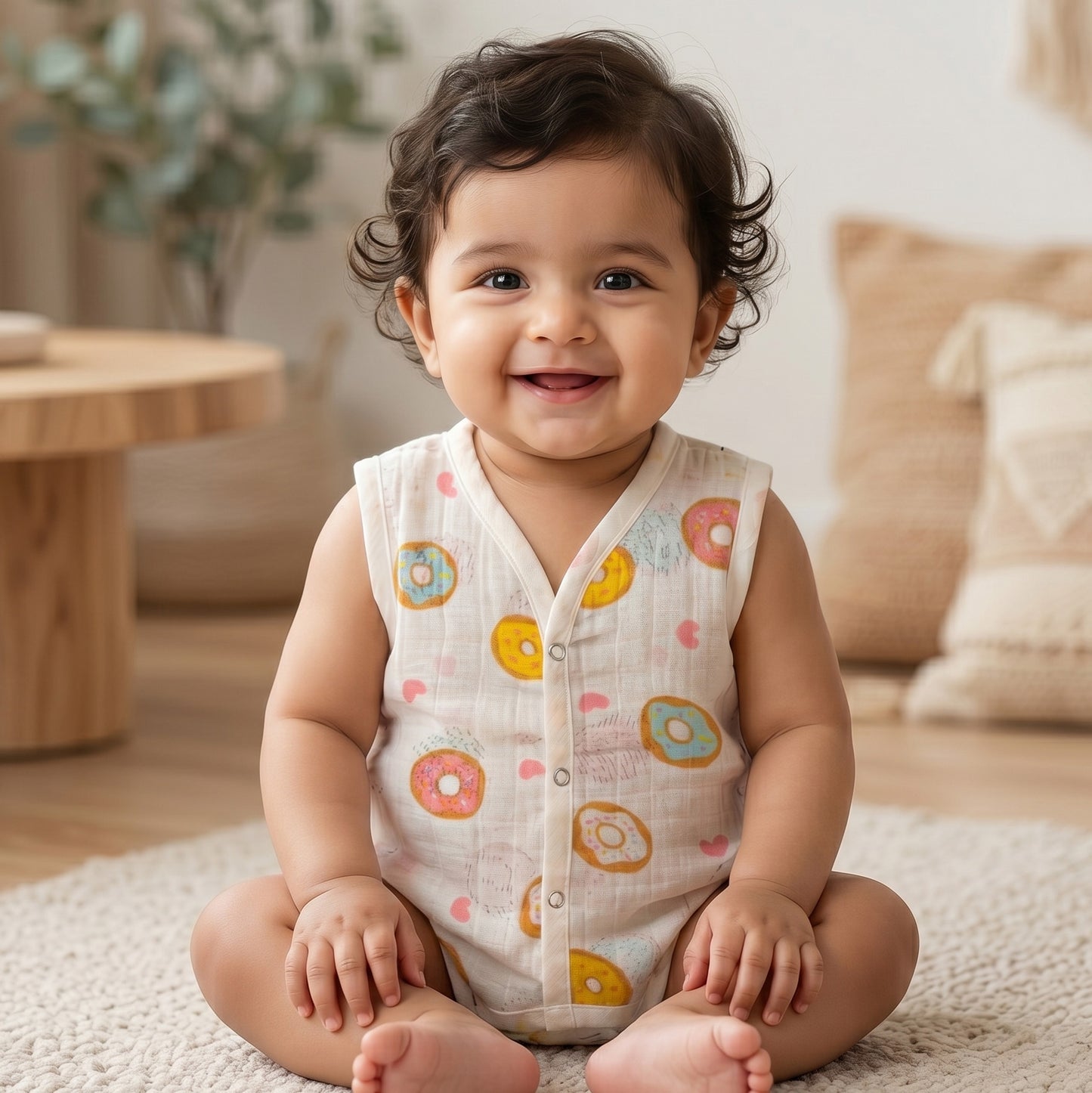 New Born & Baby Clothing | Sleeveless Muslin Baby Dress (0-3 Months) Donuts Print | Soft Cotton