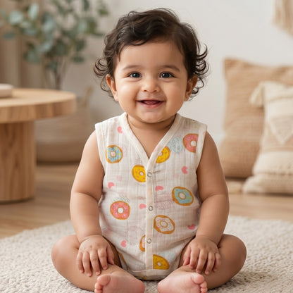 New Born & Baby Clothing | Sleeveless Muslin Baby Dress (0-3 Months) Donuts Print | Soft Cotton