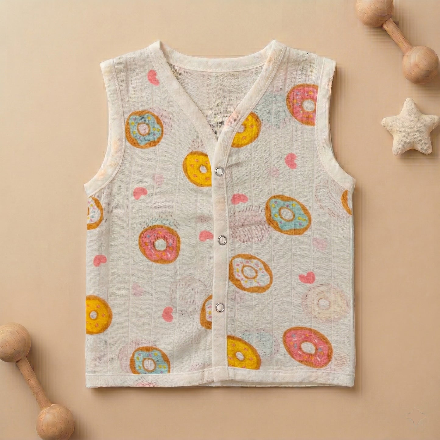 New Born & Baby Clothing | Sleeveless Muslin Baby Dress (0-3 Months) Donuts Print | Soft Cotton