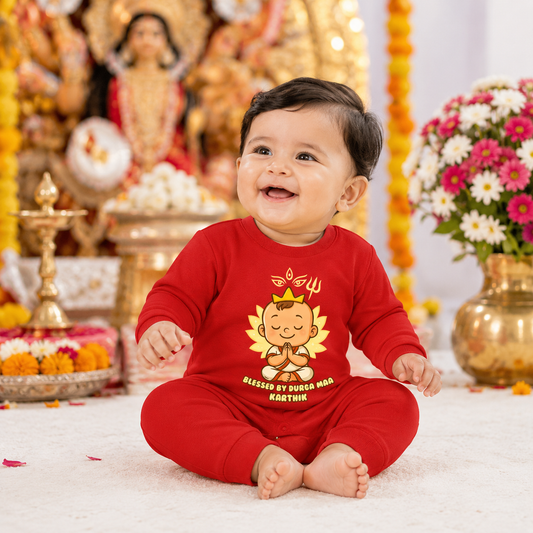 Blessed By Durga Maa With Customized Baby Boy Name _ Full Red Romper