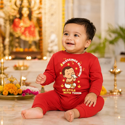 Blessing Blowing In Style With Customized Baby Name _ Full Red Romper