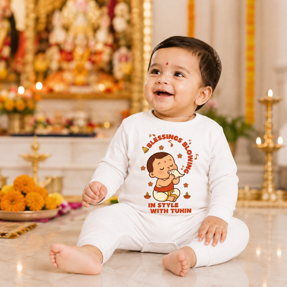 Blessing Blowing In Style With Customized Baby Name _ Full White Romper