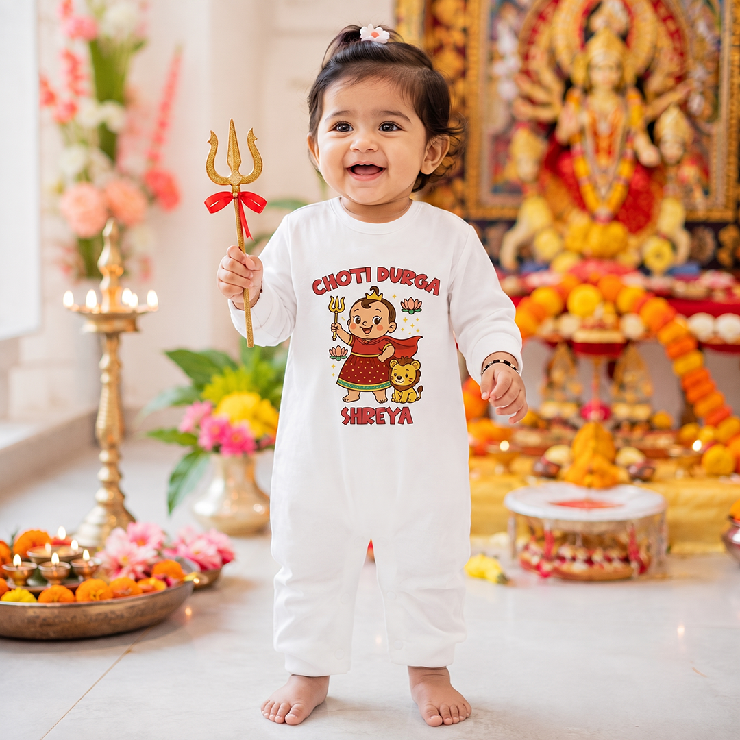 Choti Durga with Customized Baby Girl Name _ Full White Romper