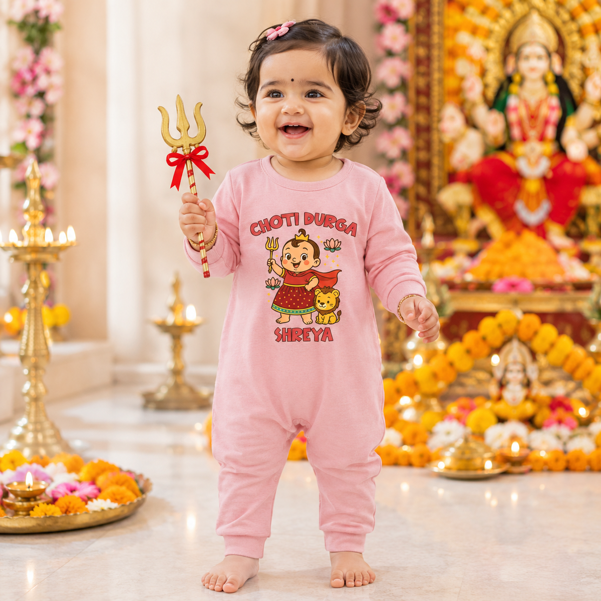 Choti Durga with Customized Baby Girl Name _ Full Pink Romper
