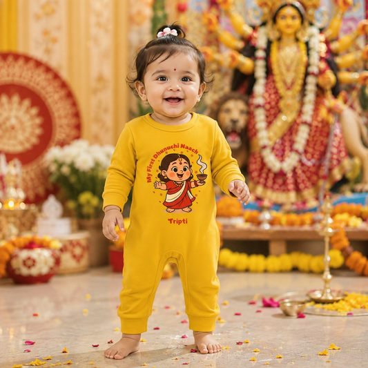 My First Dhunchi Naach with Customized Baby Girl Name _ Full Yellow Romper