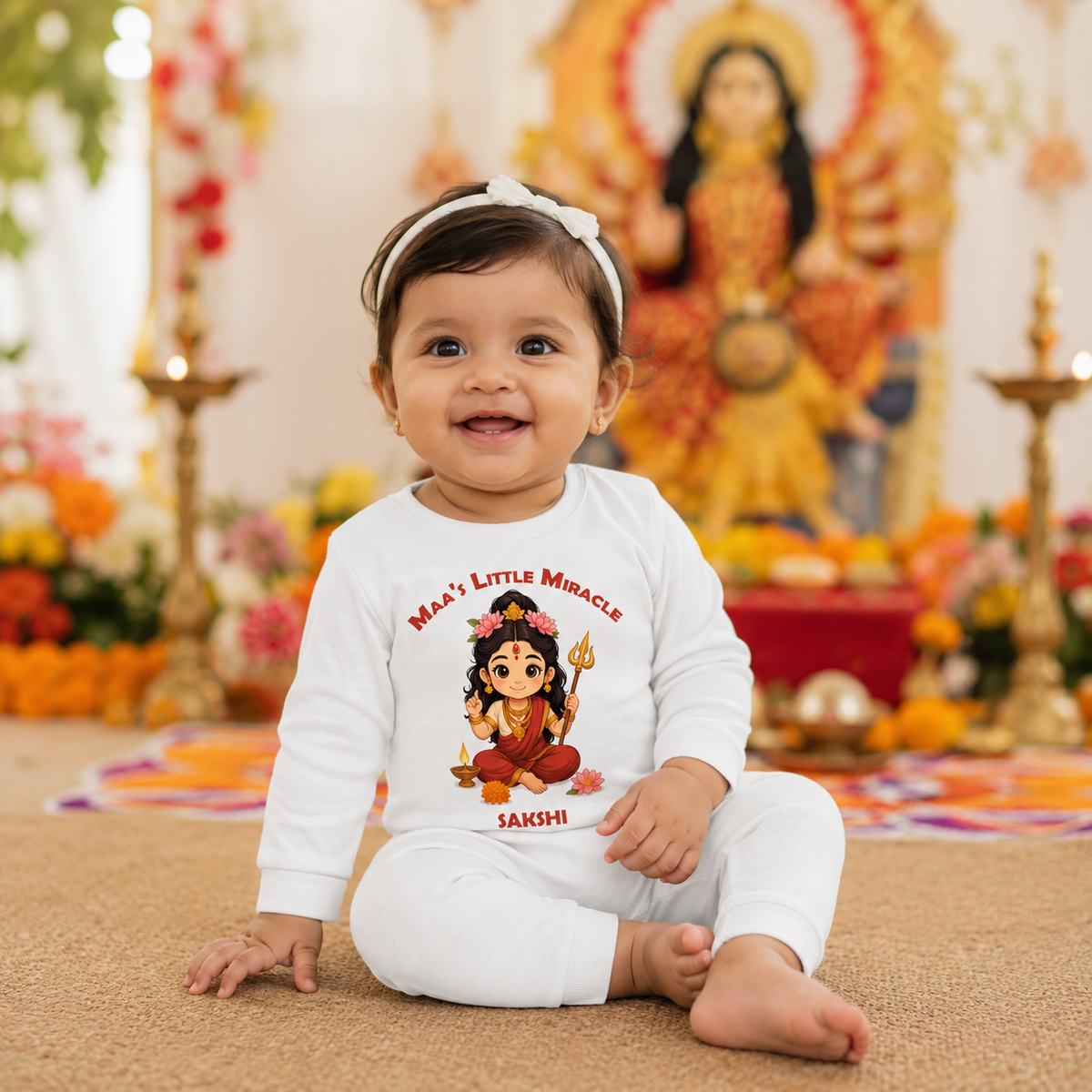 Maa's Littel Miracle with Customized Name _ Full White Romper