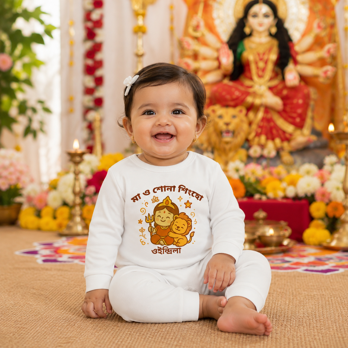 Durga Maa & Sona  With Customized Baby Girl  Name _ Full White Romper