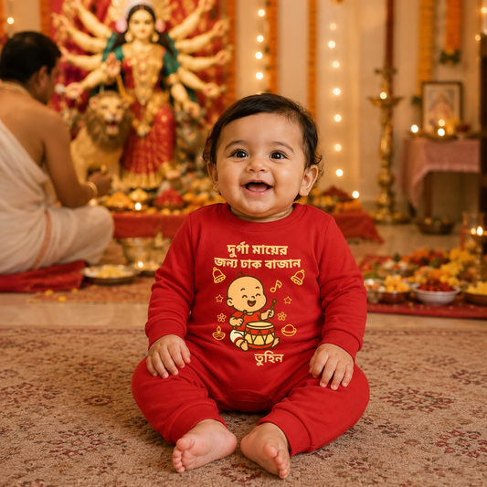 Beat The Drums And Welcome Durga Maa  With Customized Baby Boy  Name _ Full Red Romper