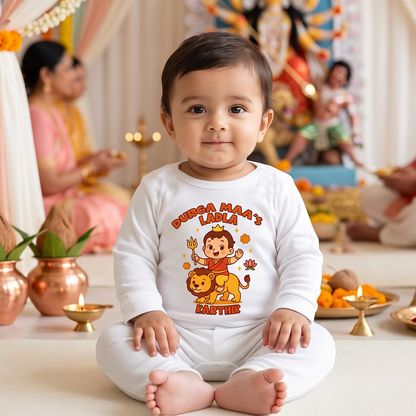 Durga Maa's Ladla With Customized Baby Name _ Full White Romper