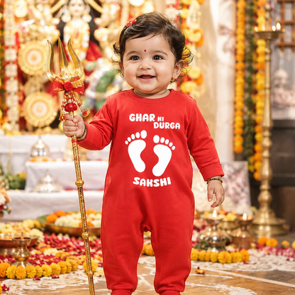 Ghar Ki Durga With Customized Baby Girl Name _ Full Red Romper