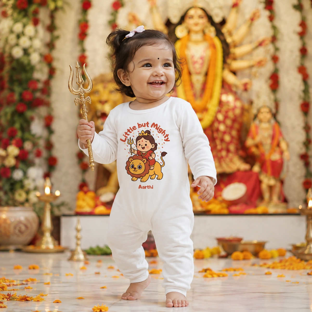Littel But Mighty with Customized Baby Girl Name _ Full White Romper