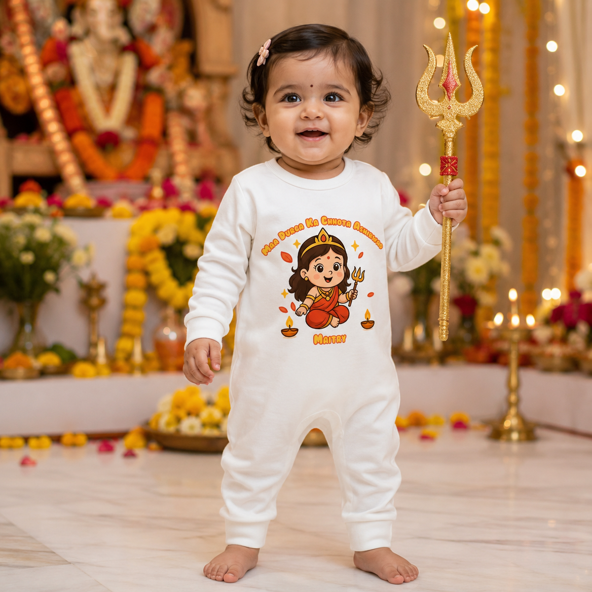 Maa Durga Ka Chhota Ashirwad with Customized Name _ Full White Romper