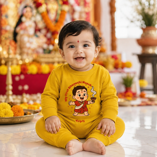 My First Dhunuchi Naach with Customized Baby Boy Name _ Full Yellow Romper