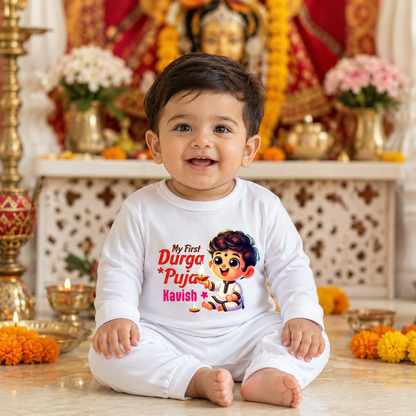 My First Durga Pooja With Customized Baby Boy  Name _ Full White Romper