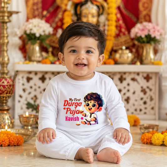 My First Durga Pooja With Customized Baby Boy  Name _ Full White Romper