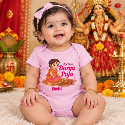 My First Durga Pooja With Customized Baby Name _ Pink_Half_Onesie